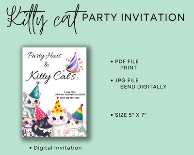 Party Hats and Kitty Cats Child Birthday Digital Printable Invitation, Personalized - image2